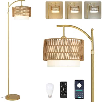 Gold Arc Floor Lamps with Remote & Dimmable LED Bulb, 3 Color Temperatures, Rattan & Fabric Shades, Adjustable Tall Lamp
