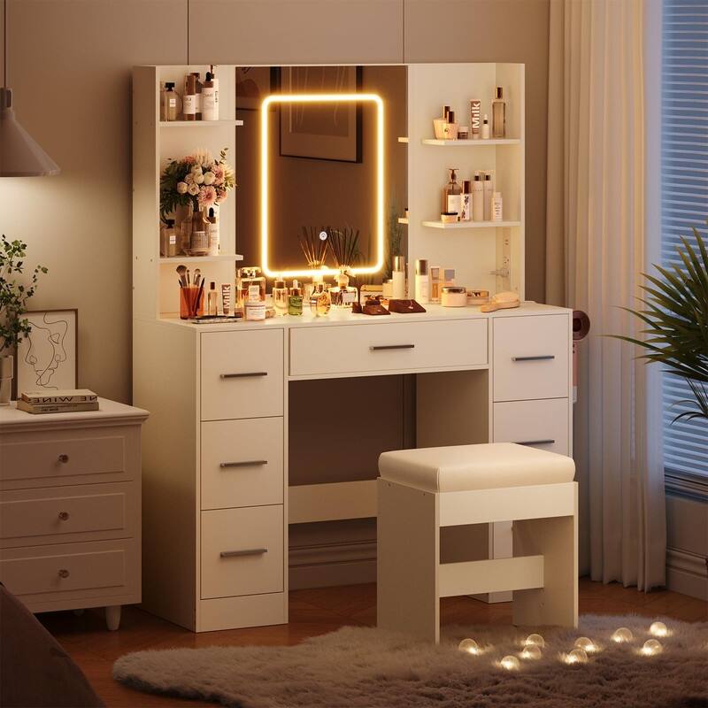 Vanity Desk with LED Lighted Mirror and Stool, 7 Drawers, 6 Open Shelves