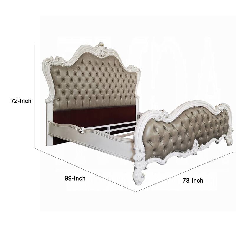 Sicily Queen Bed, Classic White Carved Frame, Tufted Gray Faux Leather