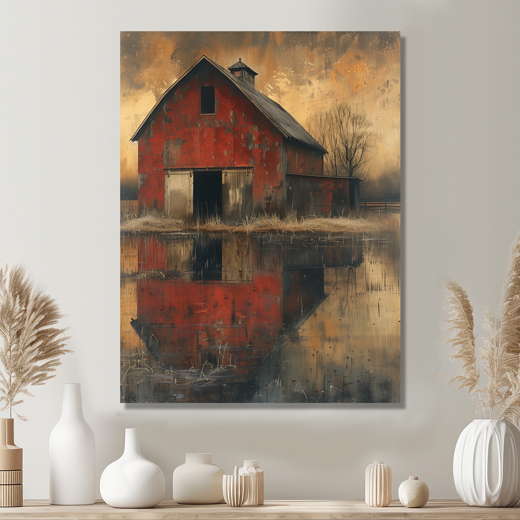Designart "Vintage Red Brown Autumn Barn Rural Retreat" Barn Canvas Wall Art - Traditional Wall Decor Grey Wall Art