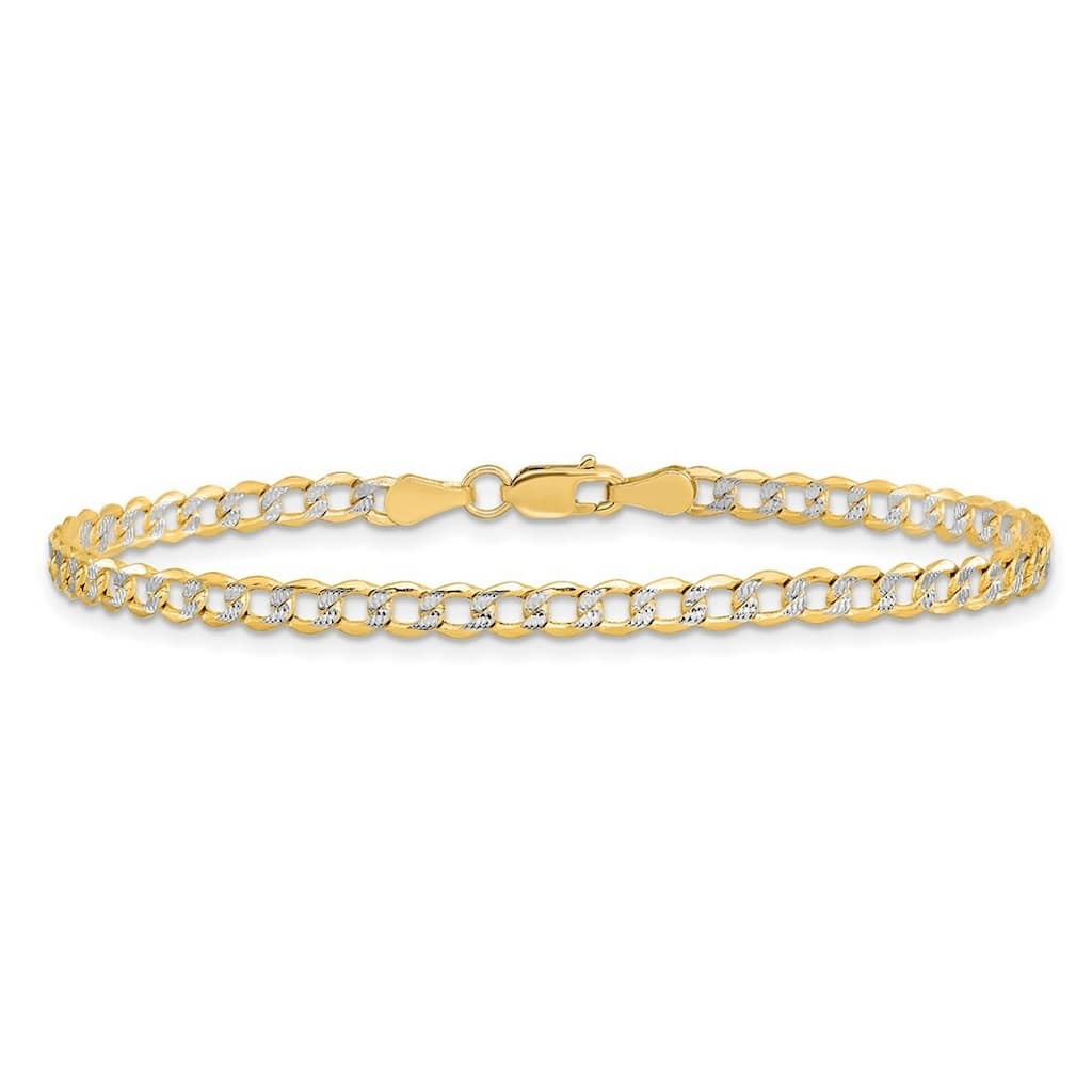 Curata 14k Yellow Gold Mens 3.4mm Semi solid Pave Curb Chain Bracelet Options: 8" 9"