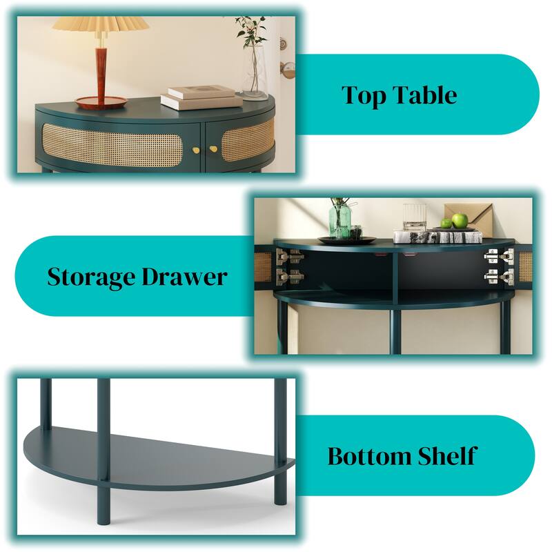 Half Moon End Table with Sliding Rattan Door, Boho Semi-circle Entryway Console Table with 2 Storage Cabinet and Bottom Shelf
