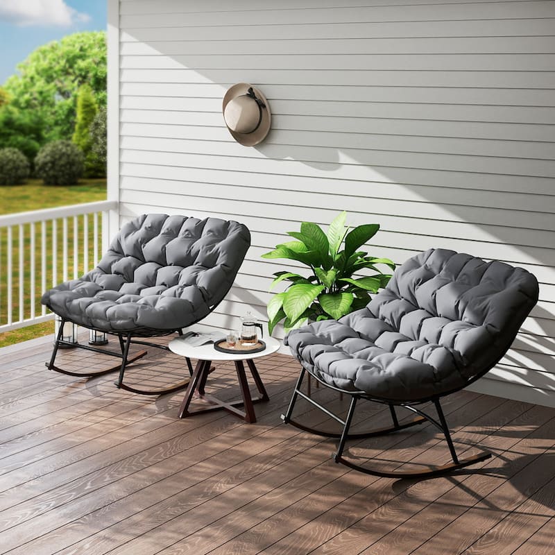 Steel Rocking Chairs with Cushions Woodgrain Base Indoor Outdoor Set of 2 - 36.6" W x 39.8" D x 30.7" H