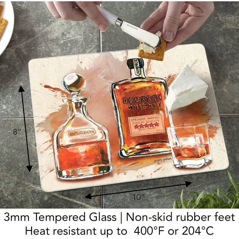 Bourbon Bottles 3mm Heat Tolerant Tempered Glass Cutting Board 10” x 8” Manufactured in the USA Dishwasher Safe