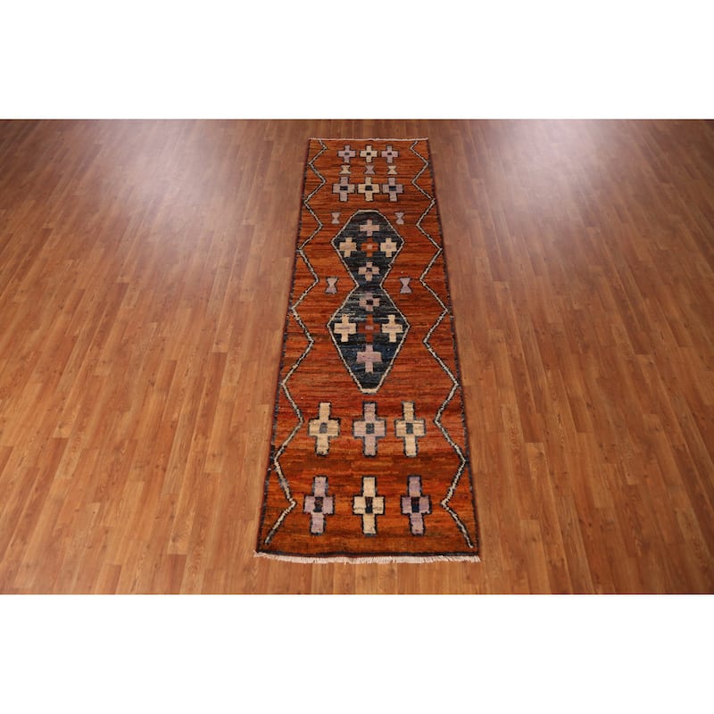 Orange Moroccan Oriental Runner Rug Handmade Tribal Wool Carpet - 2'11" x 9'10"