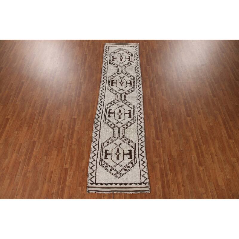 Beige Tribal Anatolian Runner Rug Hand-knotted Wool Carpet - 3'1"x 12'7"