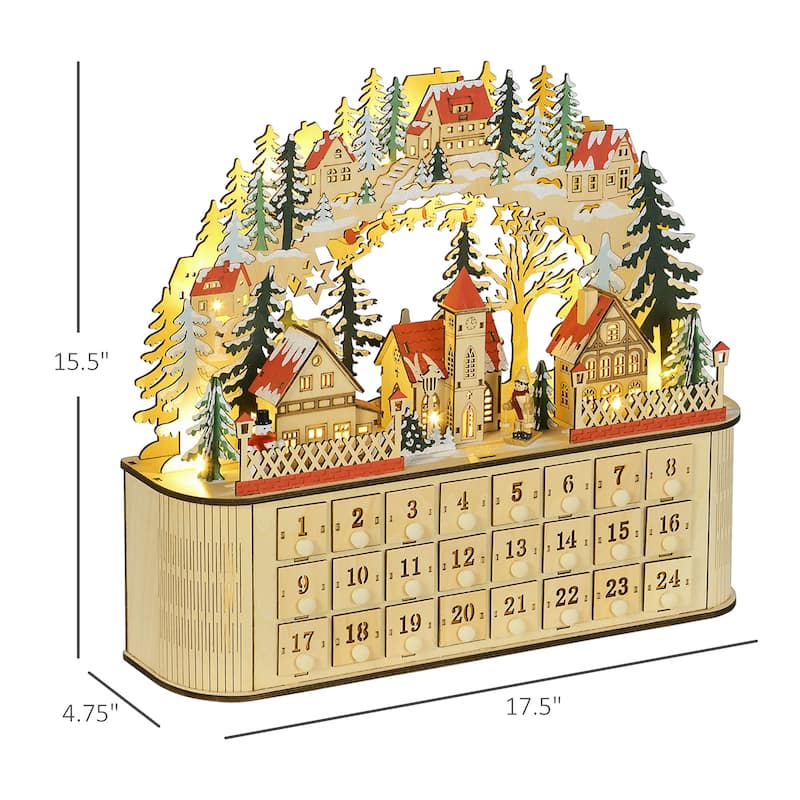 HOMCOM Wooden Christmas Advent Calendar, Light Up Table Holiday Decoration with 24 Countdown Drawers Natural