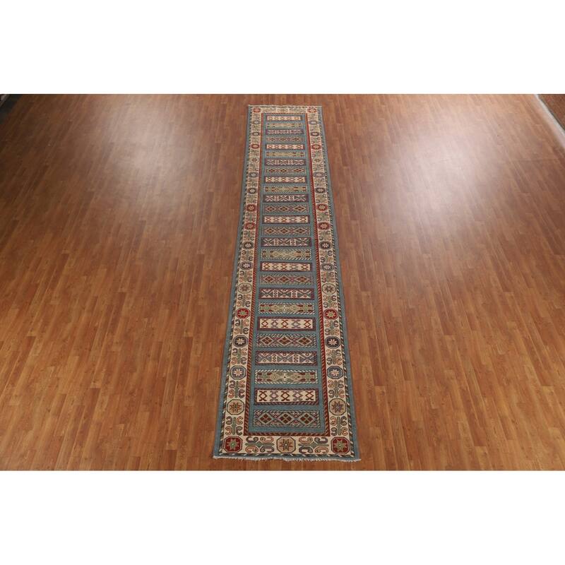 Blue Geometric Kazak Runner Rug Hand-Knotted Traditional Wool Carpet - 3'4" x 16'4"