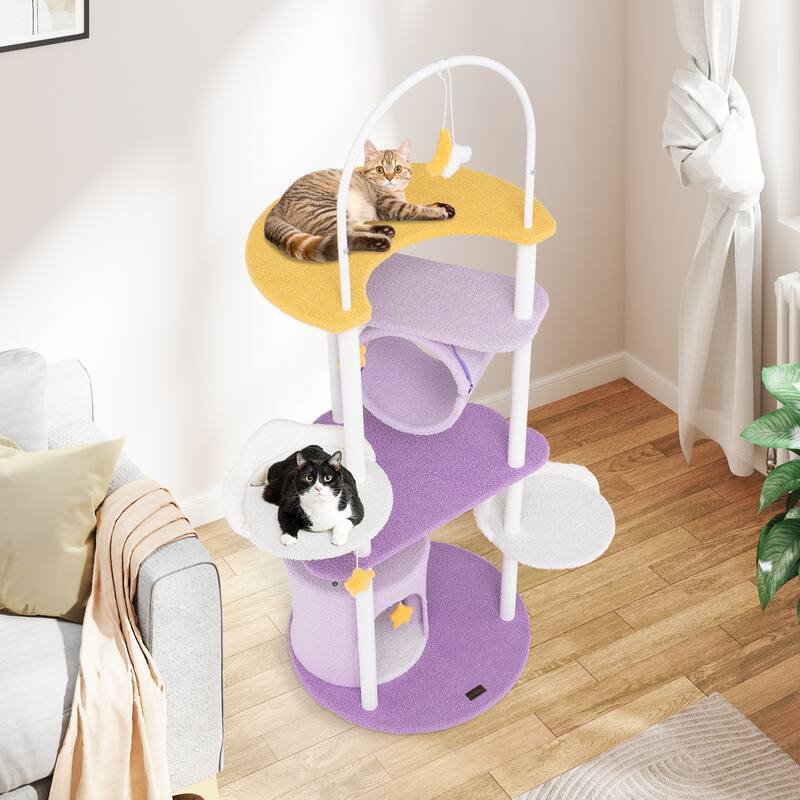 62 Inches Large Cat Tower with Metal Frame and Jumping Platforms - White-Purple-Yellow