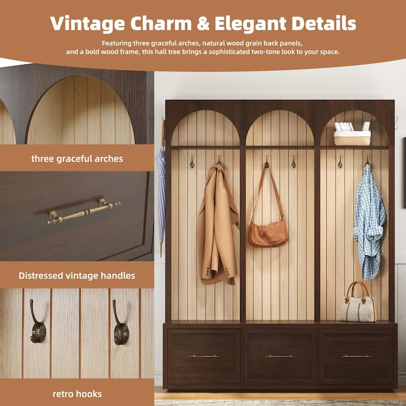 Hall Tree With Arched Design,Entryway Bench With 8 Retro Hooks,Rustic Coat Rack & Shoe Organizer With 3 Drawers