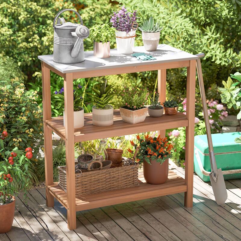 Gymax 3-Tier Patio Garden Potting Bench Table w/ Acacia Wood 2 Slatted