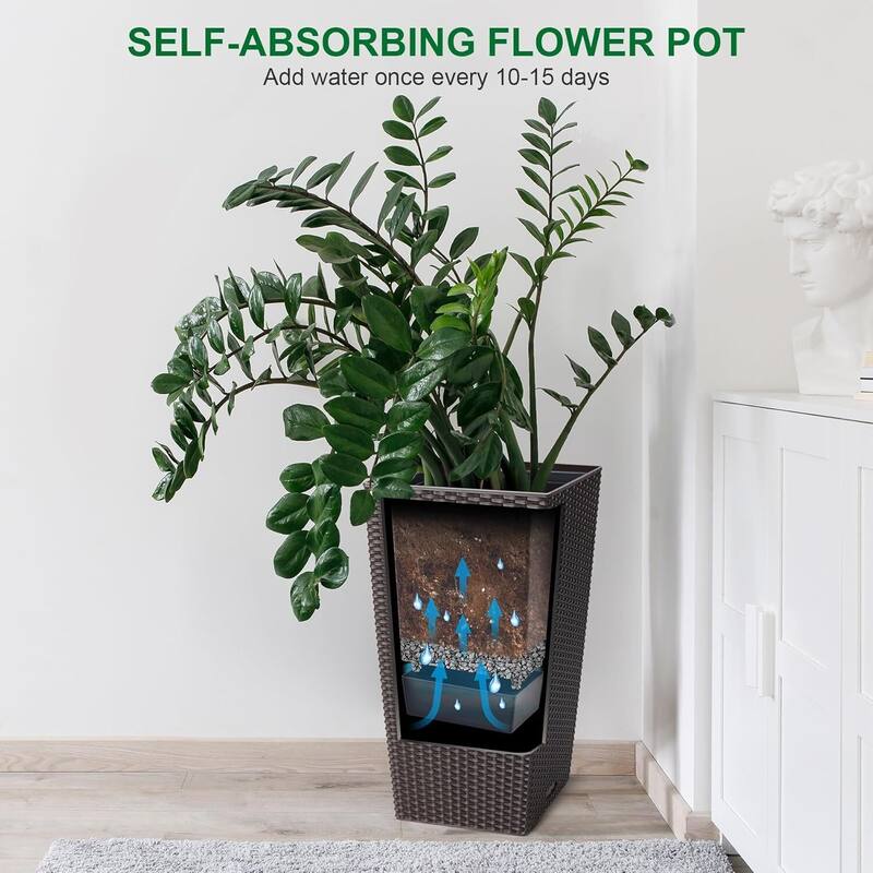 Set of 2 Garden Decor 22.5" Tall Indoor Outdoor Planters with Tray & Water Level Gauge