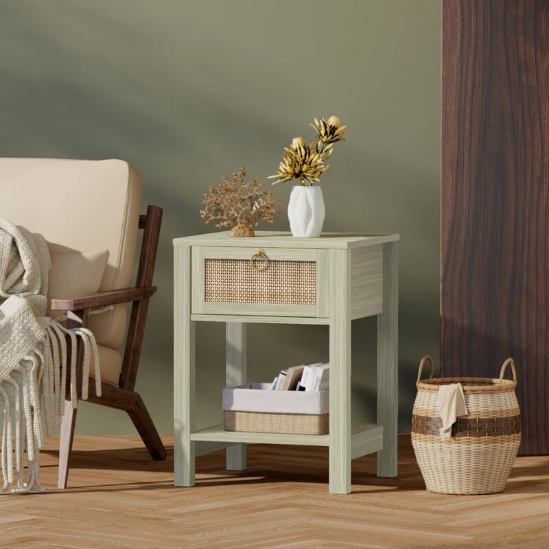SICOTAS Farmhouse 1-Drawer Rattan Nightstand