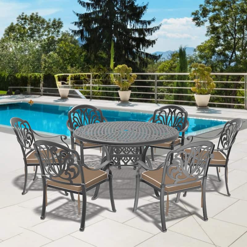 5/7-Piece Cast Aluminum Outdoor Dining Set with 48.03 in. Round Table and Random Color Cushions - Black(7-Piece Sets-A)