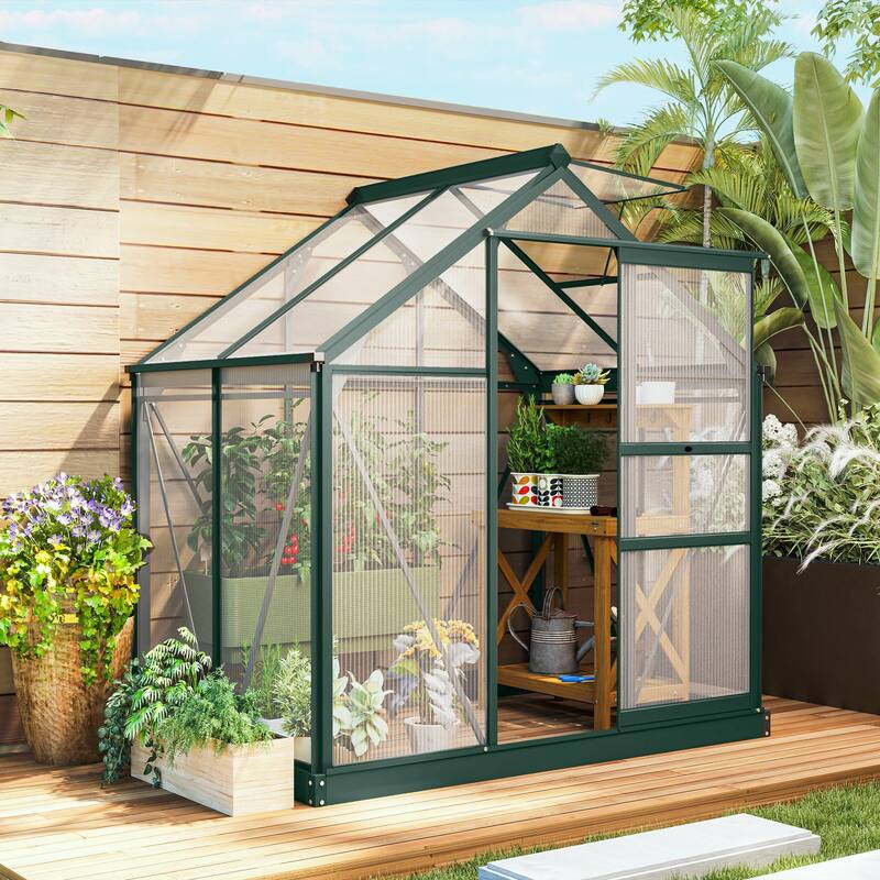 Outsunny 6' x 4' x 7' Twin Wall Polycarbonate Walk-In Greenhouse for Outdoors - 6' x 4' x 6.5'