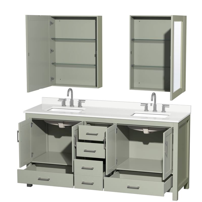 Sheffield 72-inch Double Vanity, 3 Hole Quartz Top, Med Cabinets