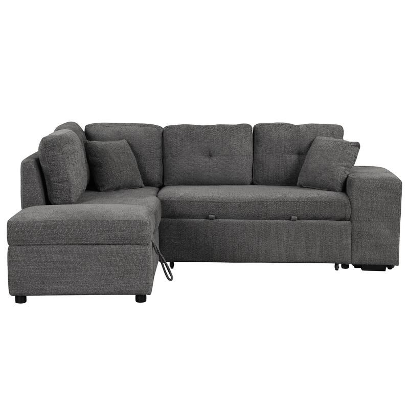 87.7" Convertible Sleeper Sofa Bed with Storage, 2 Pillows, 2 Stools, Charger & USB Ports, Dark Gray, Chenille
