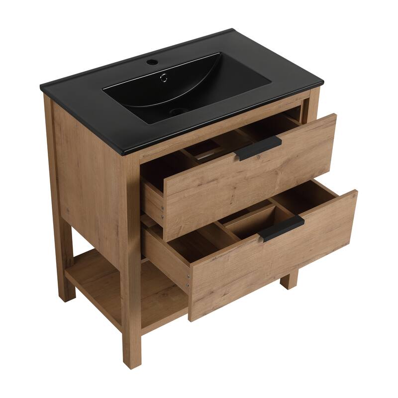 30" Bathroom Vanity with Ceramic Sink, Freestanding, Soft Closing Drawers, 4 Wood Feet, Durable and Water-Resistant