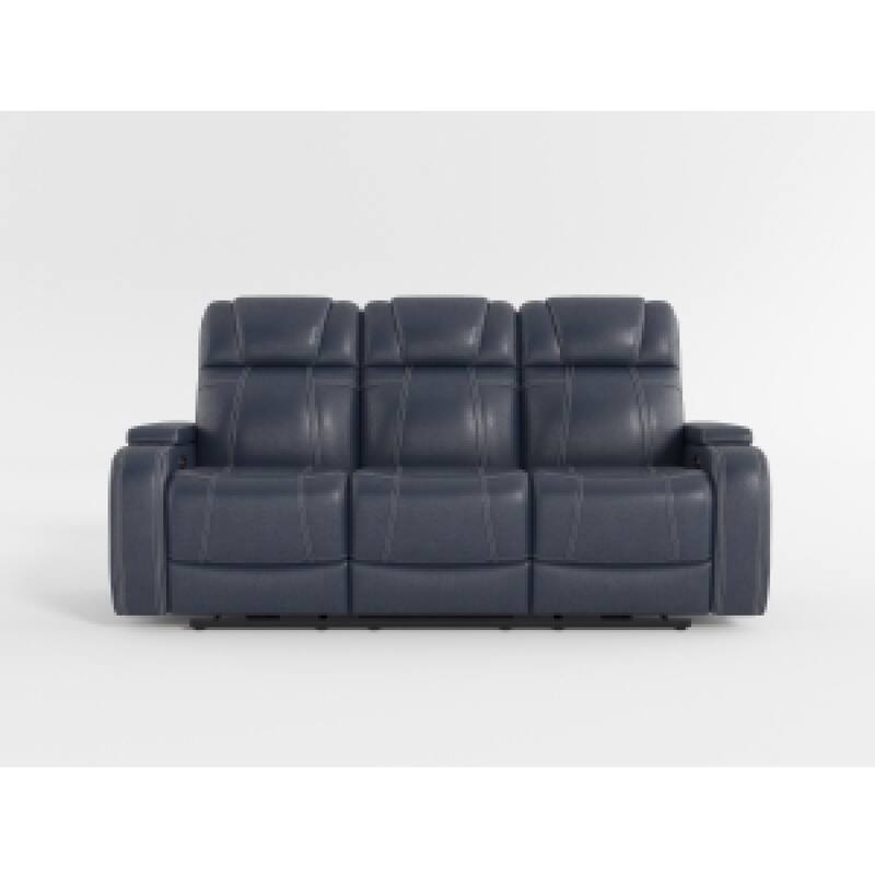 Ezia Power Double Reclining Sofa, Storage Arms, Blue Leather, 84 Inch