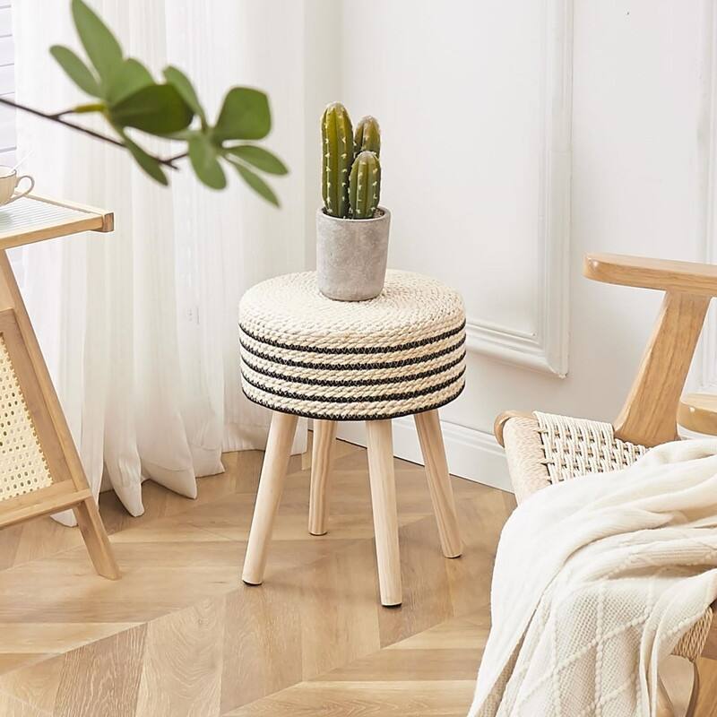 Footstool Ottoman Round with Solid Wood Legs