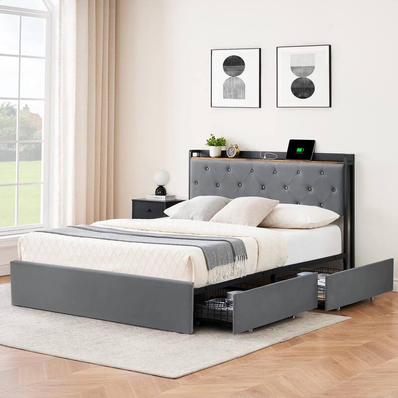 Velvet Bed Frame with Four Storage Drawers and USB Charging Station