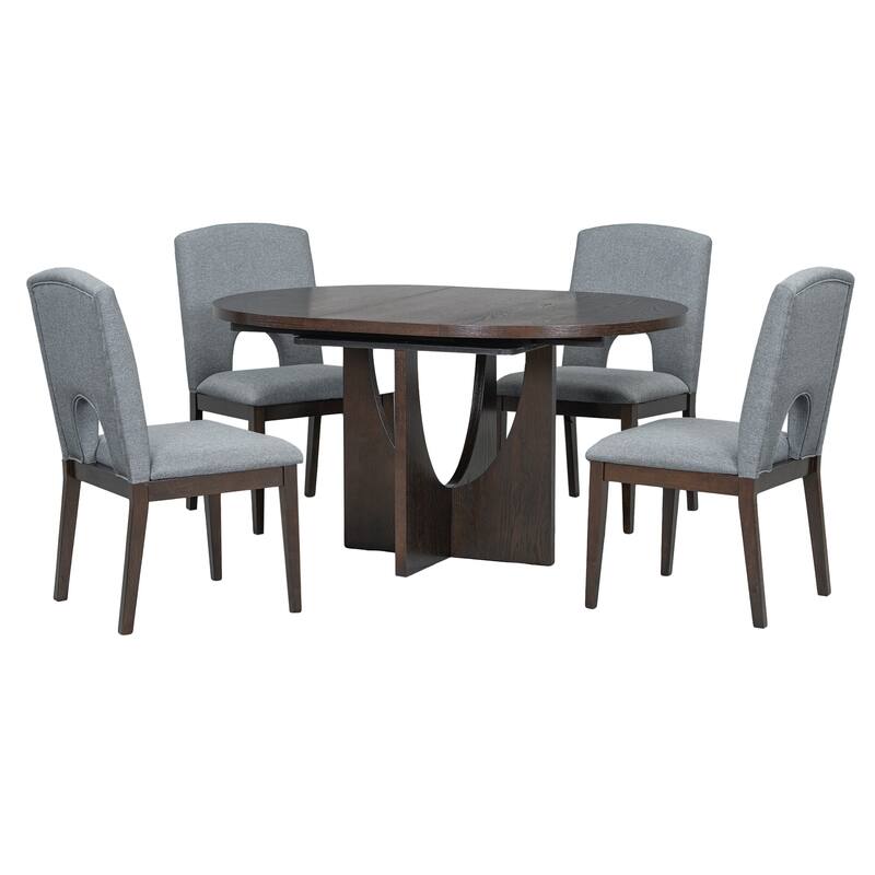 5 Piece Functional Dining Set, Wood Extendable Round Dining Table Set with Removable Leaf and 4 Upholstered Chairs