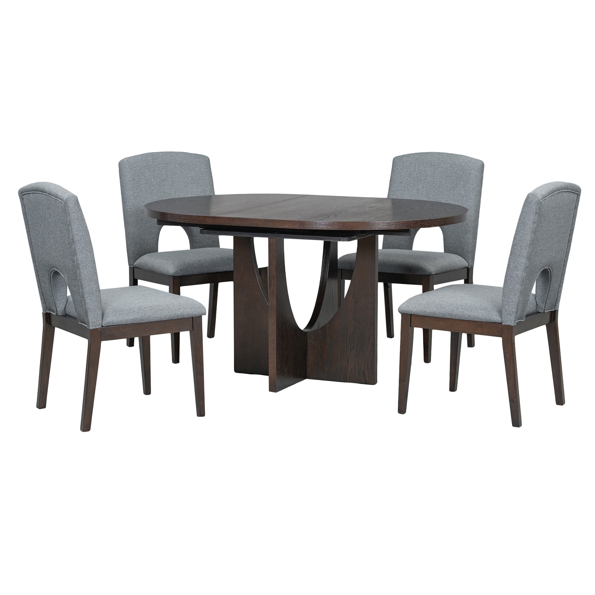 Elegant Round Dining Table with Extendable Table, Coffee Bar Table and Chair Set with Four Upholstered Chairs