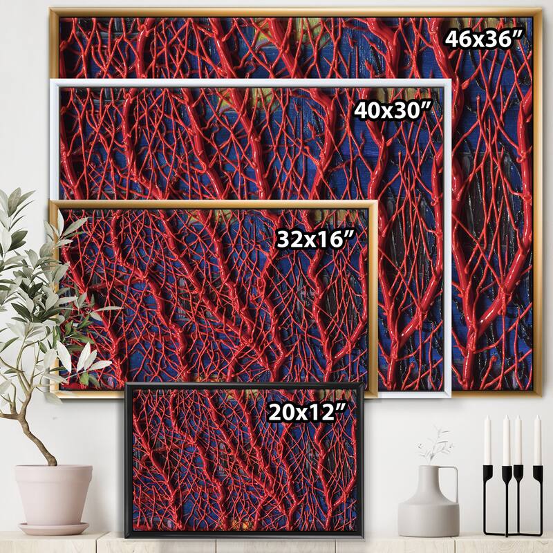Designart "Red Tree Branches On Dark Blue Background" Modern Framed Canvas Wall Art Print Bed