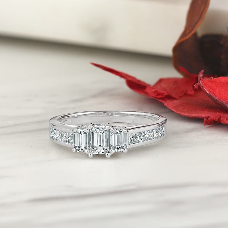 Auriya 14k Gold 1 1/4ctw Emerald-cut 3-Stone Diamond Engagement Ring
