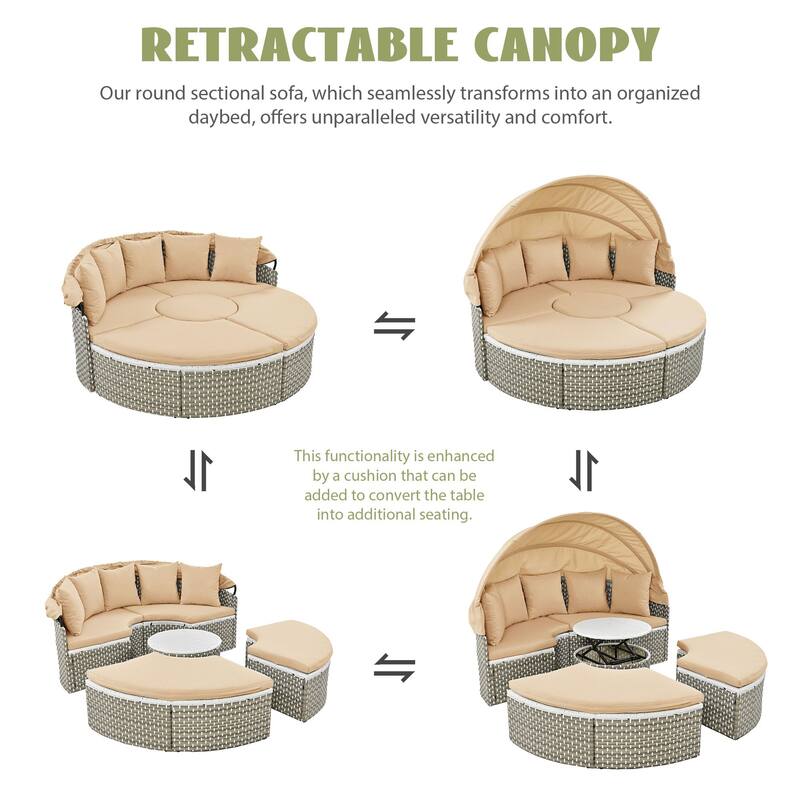 Round Outdoor Rattan Sectional Sofa with Adjustable Canopy & Cushions, PE Wicker Daybed with Coffee Table & Ottoman