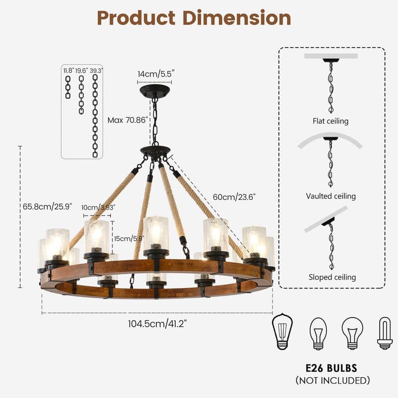 Farmhouse Wagon Wheel Chandelier Round Wood Pendant Lighting Fixture for Dining Room