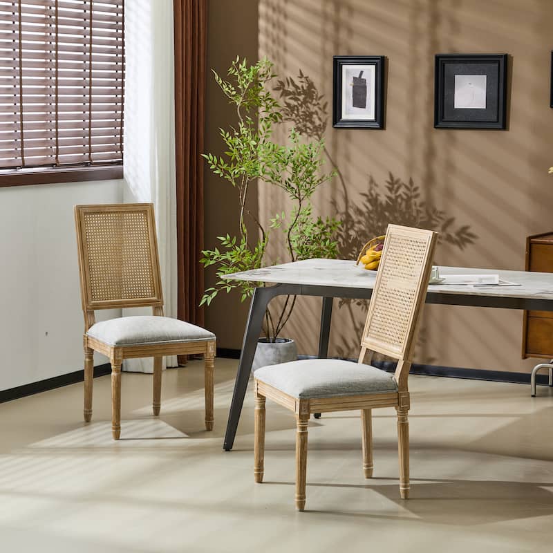 [Set of 2] French Country Dining Chairs - Elegant Cane Backrest & Upholstered Seats with Fluted Legs, Solid Rubberwood Frame - Grayish Green