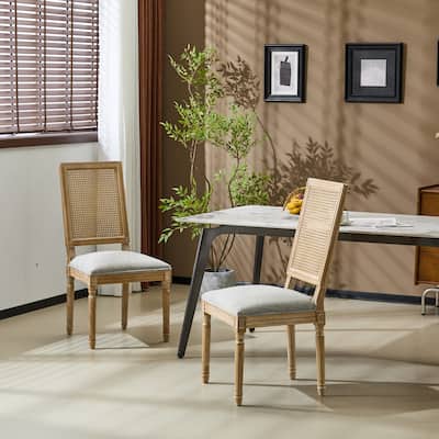 [Set of 2] French Country Dining Chairs - Elegant Cane Backrest & Upholstered Seats with Fluted Legs, Solid Rubberwood Frame