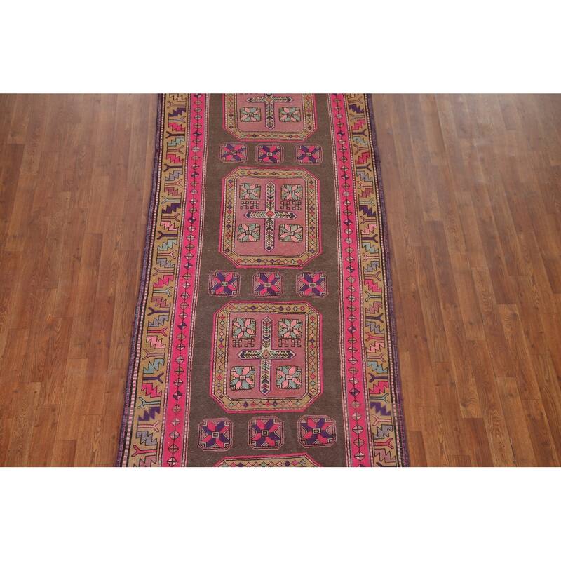 Ardebil Persian Vintage Runner Rug Handmade Geometric Wool Carpet - 3'8" x 10'6"
