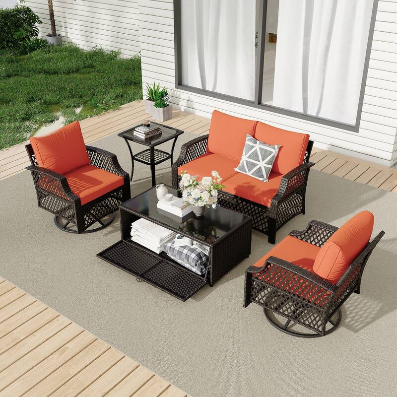 Outdoor Wicker Patio Set w Swivel Chairs & Sofa, Ottomans and Tables, Modular 3/5/6/7-Piece, All-Weather Conversation Set.