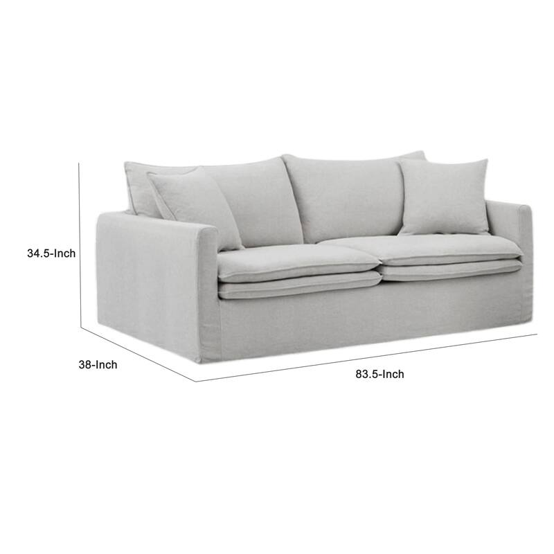 Rutu Sofa, 2 Accent Pillows, Light Gray Padded Linen, 84 Inch
