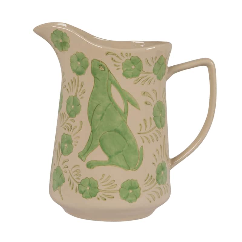 Stoneware Pitcher with Painted Rabbit and Florals