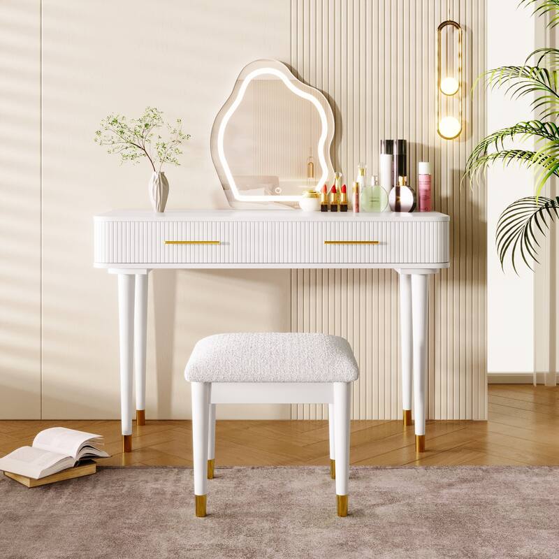 Vanity Table Set with Cushioned Stool, Dressing Table with Touch Screen LED Mirror, Makeup Table with 2 Drawers