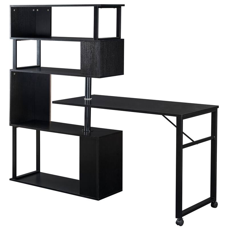 Home Office Computer Desk L-Shaped Corner Table, Rotating Office Desk with 5-Tier Bookshelf & Lockable Casters