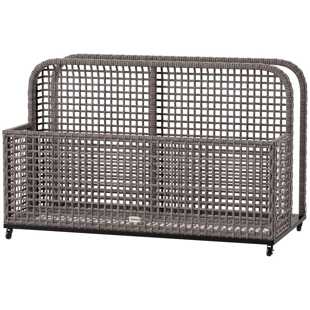 Light Grey Rattan Mobile Two-Section Storage Basket with Steel Frame for Indoor or Outdoor - 43.25" L x 22.5" W x 28" H