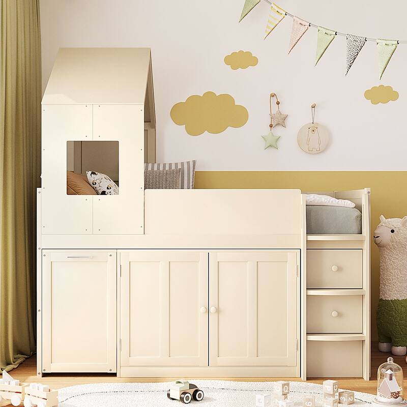 House-Style Kids Loft Bed Frame with Cabinets, Desk, Twin Size Wooden Loft Bed with Safety Guardrail & Storage Ladder