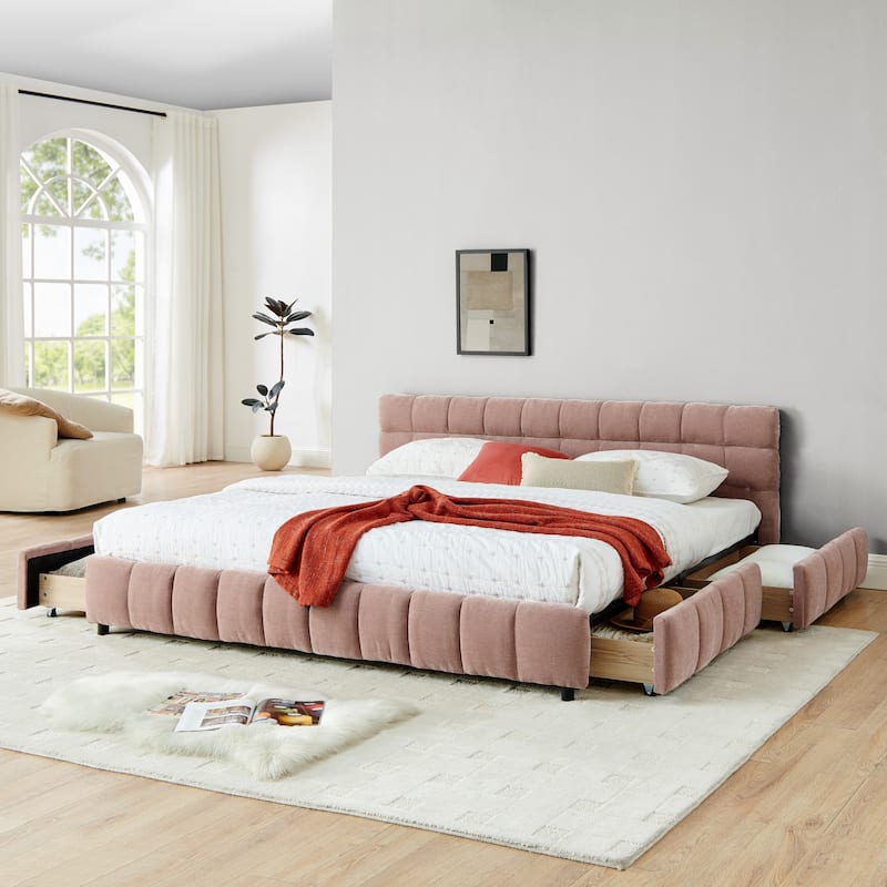 Lattice-shaped Cushion Platform Bed Grounded Bed Upholstered Bed Frame with 4 Drawers and Cozy Headboard No Box Spring Needed - Pink - King