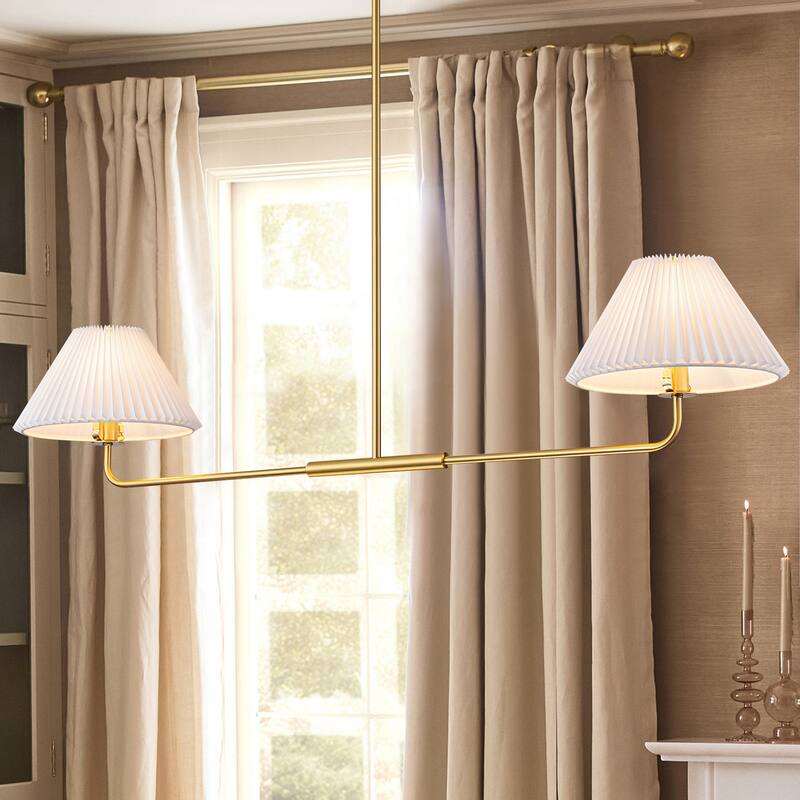 2-Light Modern Gold & Black Linear Pleated Fabric Pendant Kitchen Island Light - Gold