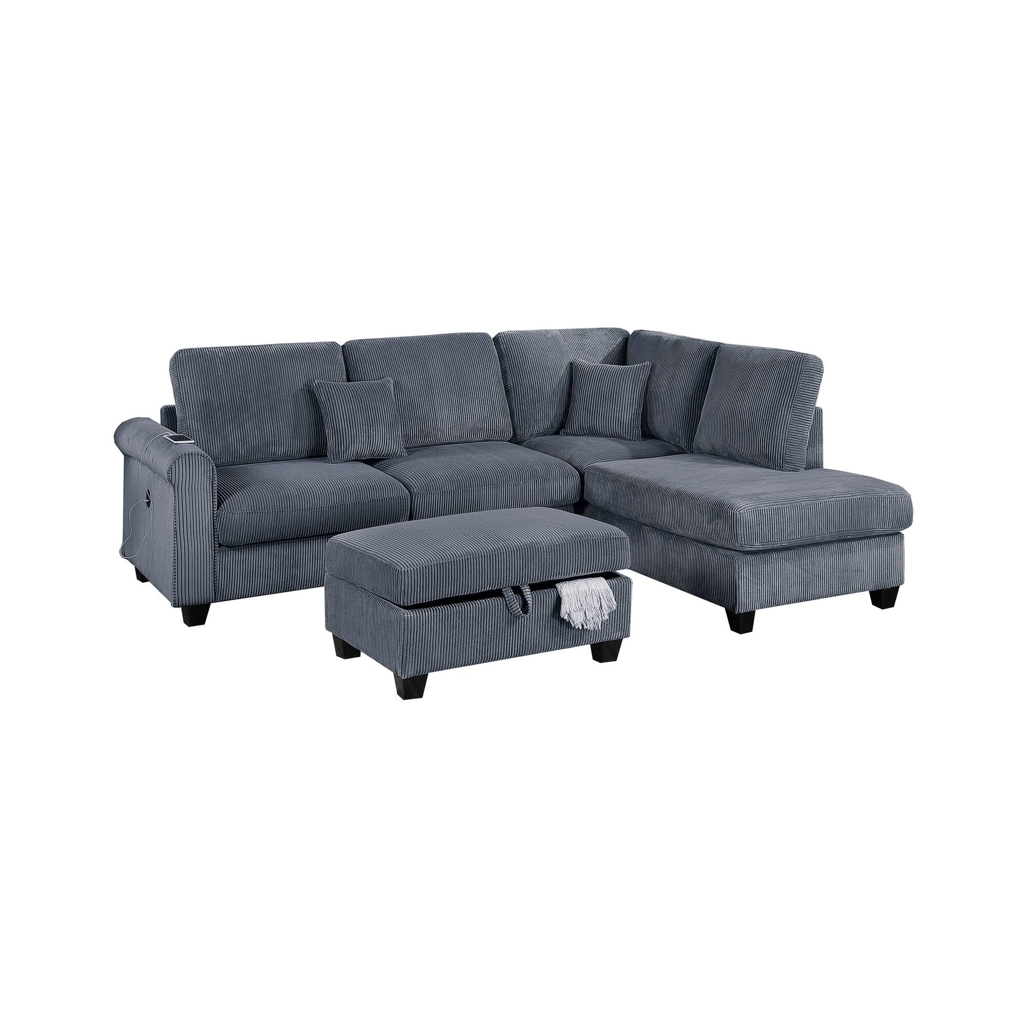 Contemporary 3pc Sectional Set Fog Color Corduroy Couch LAF Sofa RAF Chaise Ottoman L-Sectional Living Room