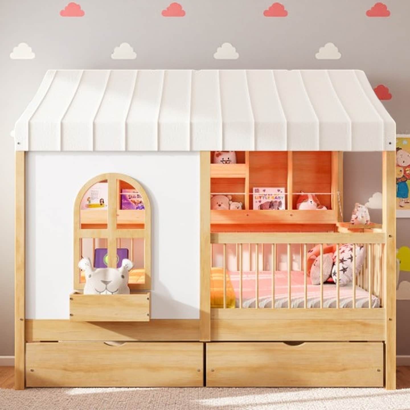 Full Size Kids House Bed with LED Bookshelf and Storage Drawers, Solid Wood Frame with Safety Rails & USB Charging