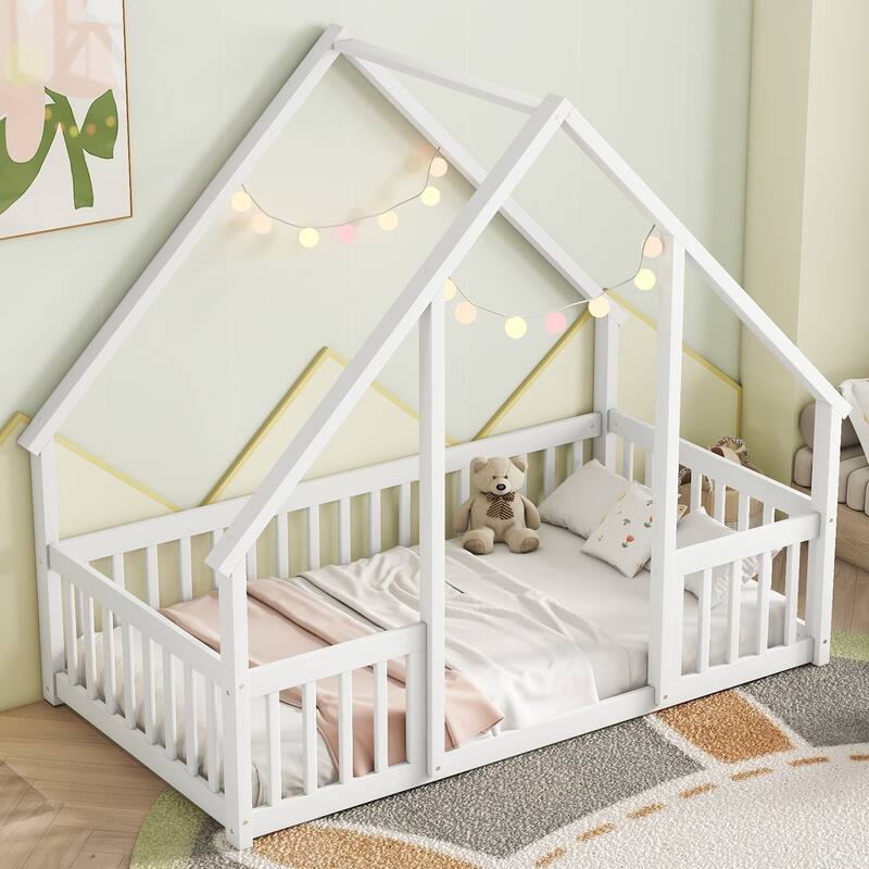 Twin Wood House-Shaped Floor Bed with Fence, Guardrails for Small Space, Living Room, Bedroom, Apartment