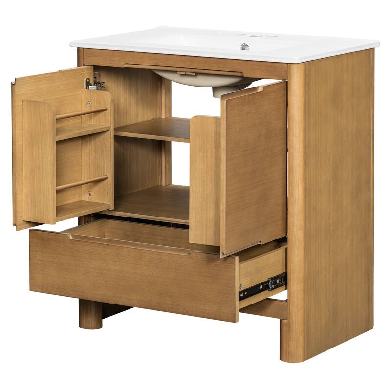 30"Softened Modern Bathroom Vanity with Ceramic Sink, Solid Wood Frame, Soft-Close Doors & Drawer, Adjustable Shelf