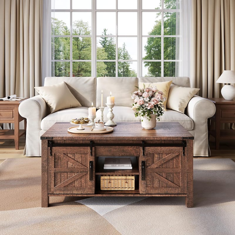 Farmhouse lift-top Coffee Table, Hidden Storage, Rustic Center Table - Brown