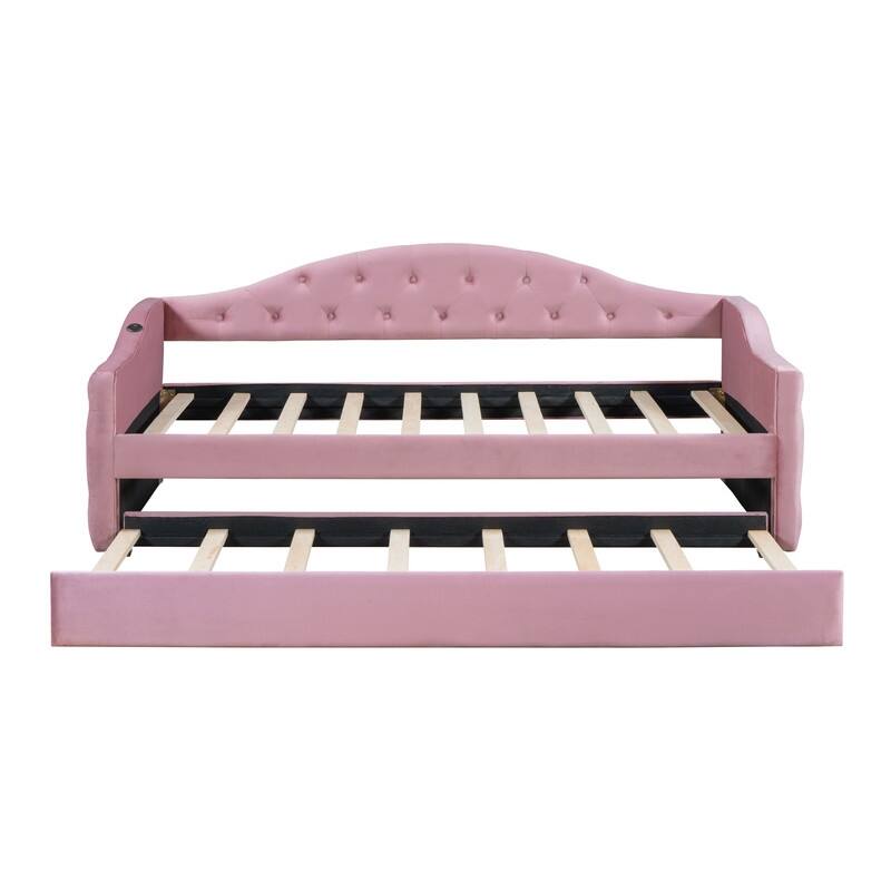 Twin Size Upholstered Daybed with Pop Up Trundle,Velvet Tufted Headboard with Charging Station