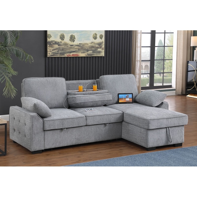 Mackenzie 91"W Chenille Fabric Reversible Sleeper Sectional with Storage Chaise, Drop-Down Table, Cup Holders & Charging Ports
